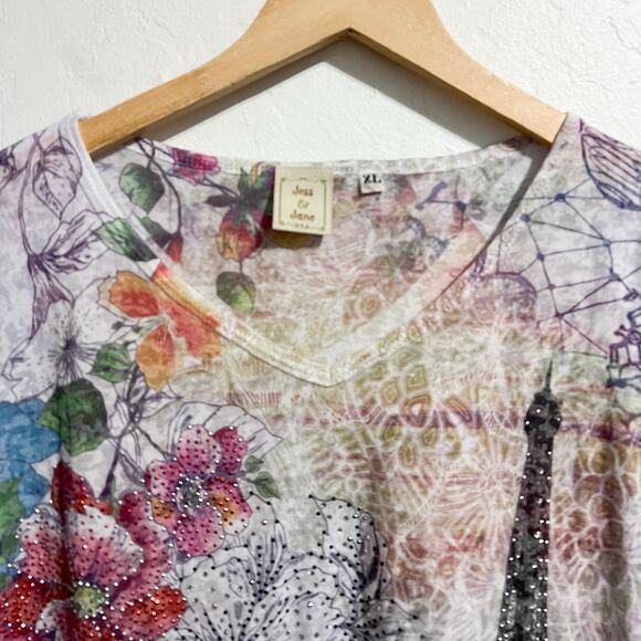 Vintage Jess & Jane Shirt XL Burn Out Sublimation Paris Rhinestones Y2K V Neck - Picture 5 of 8